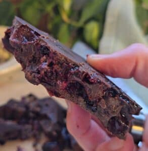 שוקולד פרה ביוטי עם אוכמניות מוחזק ביד בין 2 אצבעות